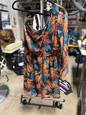 Women's One-Shoulder Leaf Print Dress in Black, Orange & Teal